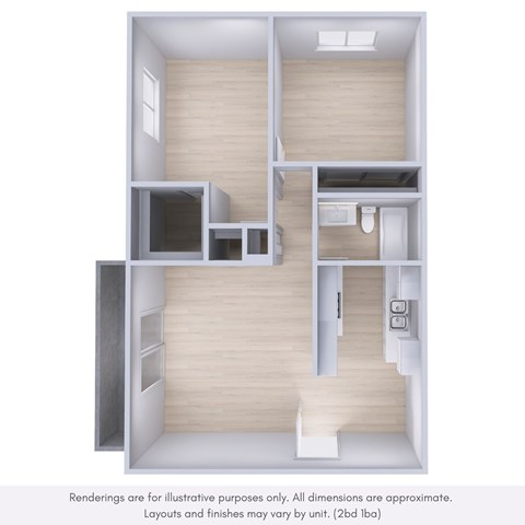 Floor plan for 2 beds, 1 bath, 950 sqft